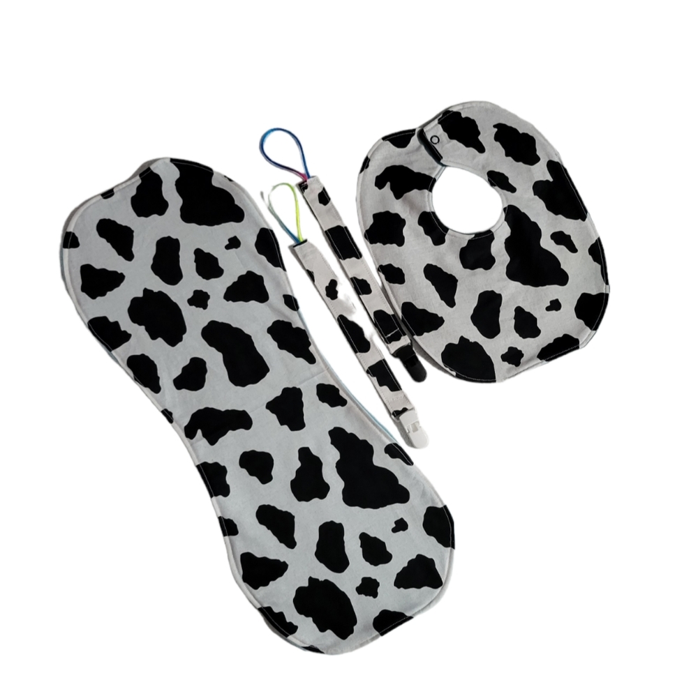 Cow Print Baby Burp,Baby Bib & Pacifier clips